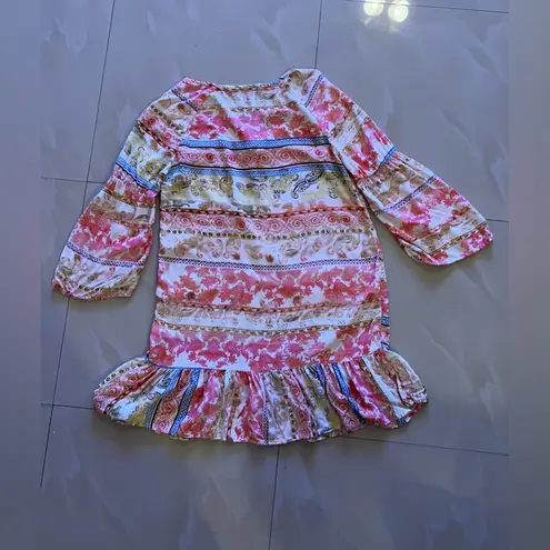 Rosa Nud Floral Print Pink Tunic Dress Beach Summer Lightweight Size Small Red