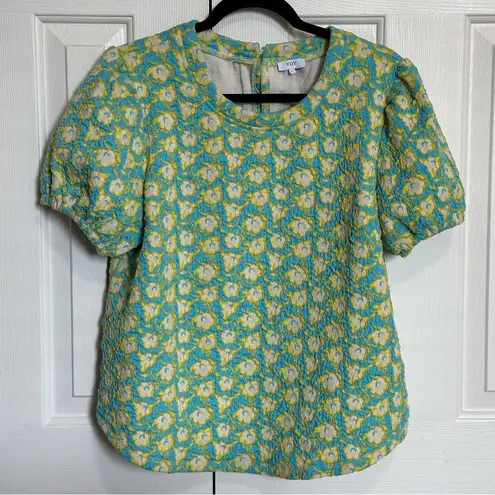 Voy Floral Printed Textured Puff Short Sleeve Top Blue and Yellow Medium