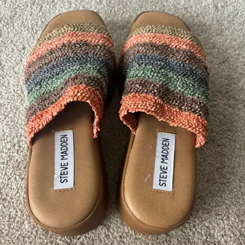 Steve Madden  Slinky30 Platform Sandals Wood Block Heel Colorful Raffia Upper - Image 9