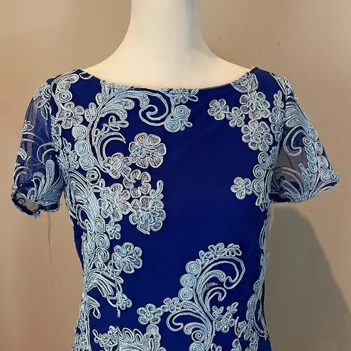 JS Collections Modele Blue On Blue Lace Appliqué Embroidered Dress, Size 2, Nwt