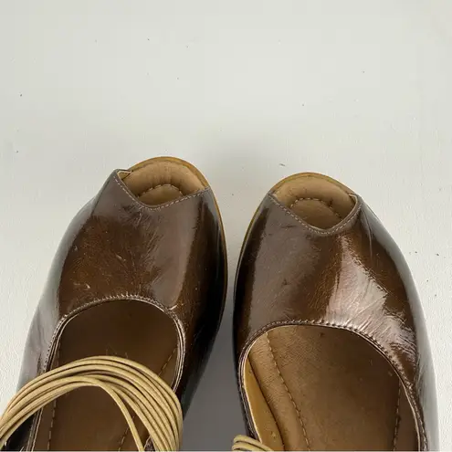 Gazith Brown Patent Leather Wooden Platform Sandals Size 8.5