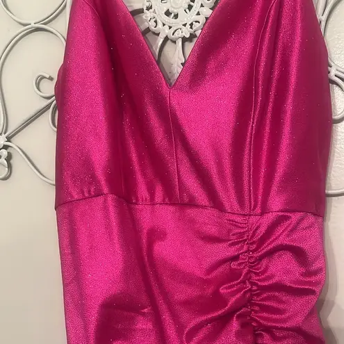 Honey and Rosie Spag Strap V-Neck Ruched Slit Glitter Satin Long Dress size XL