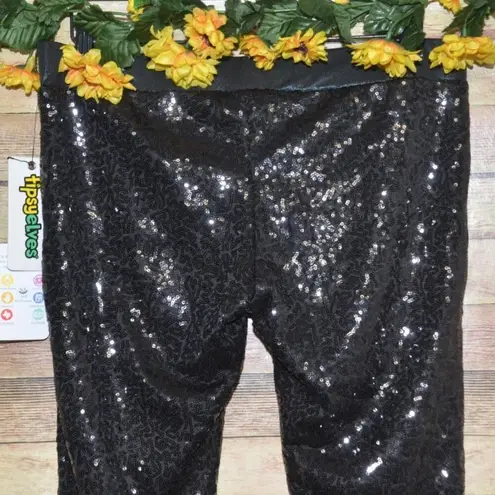 Tipsy Elves NWT Ladies Black Full Sequin Pull On Pants Skinny Size L Stretch