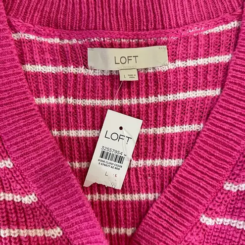 Loft  V Neck Knit Cardigan Sweater NEW Womens L Relaxed Fit Pink White Striped