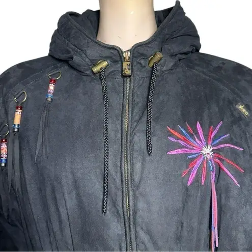 Skea Paris Vail Vintage Size 6 Black Sunburst Beaded Tassel Sueded Winter Jacket