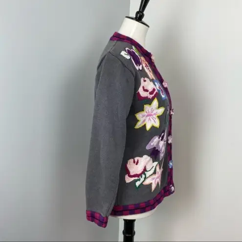 Storybook Knits Beautiful Colorful Whimsical Floral Knit Cardigan Small Gray