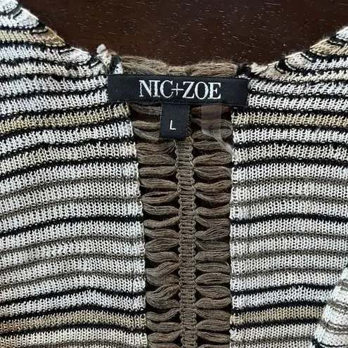 Nic+Zoe Open front striped linen cardigan Sweater Khaki/Black/White Womens 2X