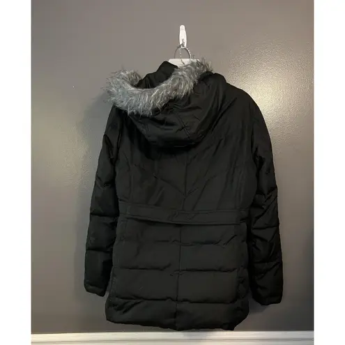 Larry Levine Down Jacket Womens Medium Black Hooded Faux Fur Removable Hood Coat