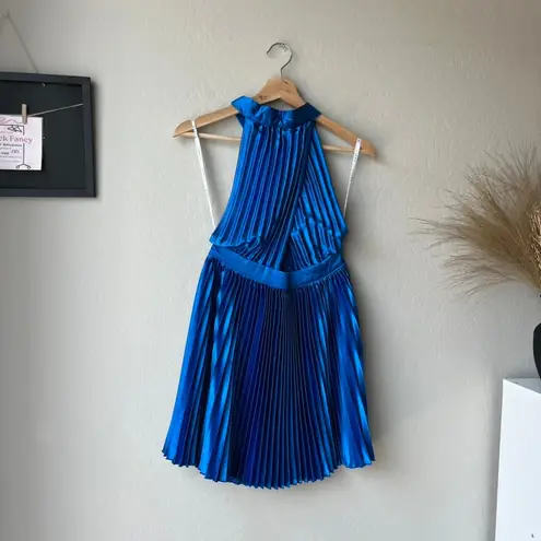 L’IDEE Renaissance Moroccan Blue Pleated Satin Crisscross Halter Mini Dress NWT Size 8
