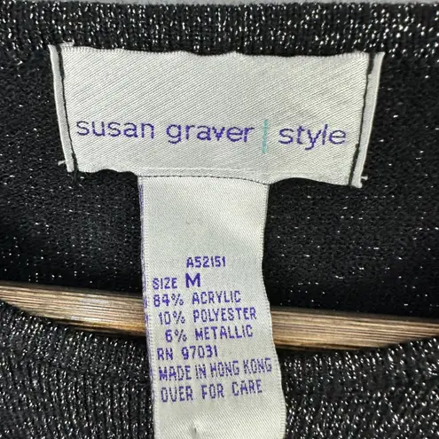 Susan Graver Short Sleeve Top Women M Black Metallic Knit Sparkle Party Retro