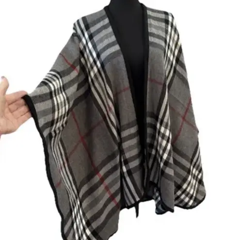 V. Fraas Fraas Gray Red Black Plaid Acrylic Poncho With Black Trim Open Front, One Size