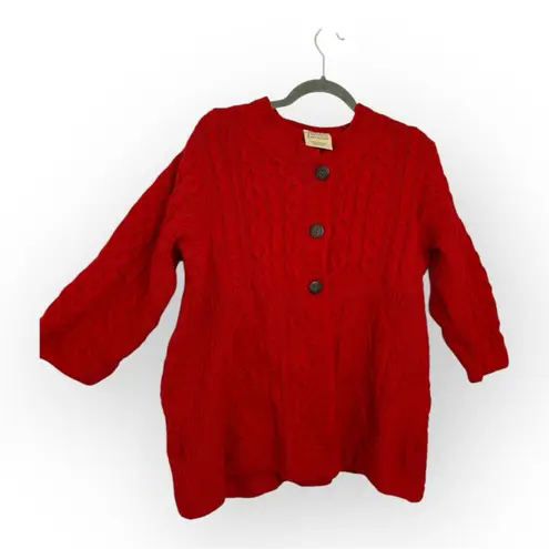 Vintage Kilronan Knitwear Red Aran Wool Cardigan Chunky Cableknit Cottagecore L Size L
