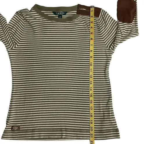 Lauren Ralph Lauren Green Cream Stripe Long Sleeve Tee Size M Faux Suede Patches Size M