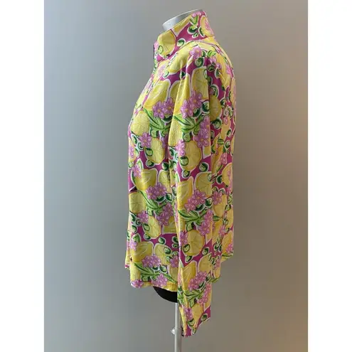 IBKUL Calista Hot Pink 1/4 Zip Shirt Large Yellow Lemons Mesh Long Sleeve UPF50+