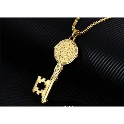 Boutique NEW Unisex Gold-Plated Saint Benedict Key Pendant Necklace, 16-18”