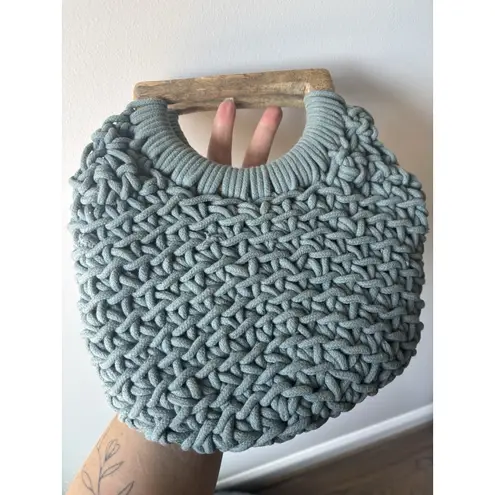 A New Day  Dusty Blue Teal Rope Knit‎ Purse Clutch Boho Wooden Handle
