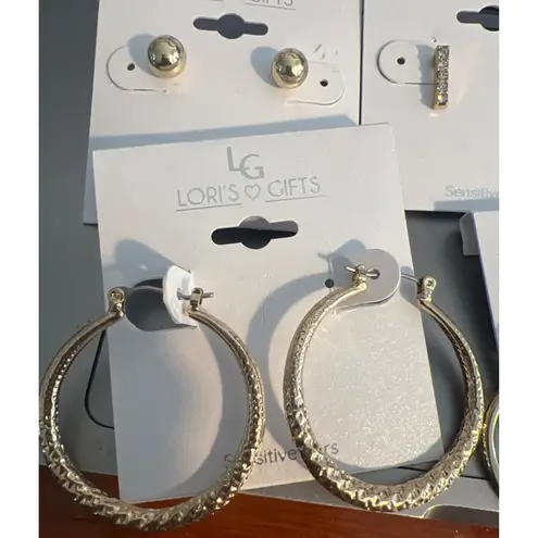 4 Pair Lori's Gift Gold Tone Earrings Hoops Studs Rhinestones Sensitive Ears NEW