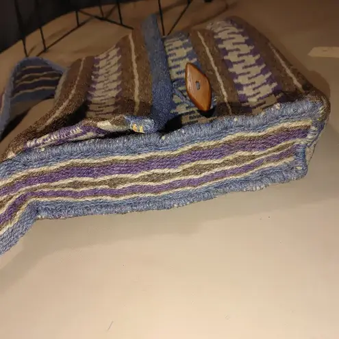 Handwoven Wool Shoulder Bag Blue White Brown Stripes Wood Button Closure Vintage