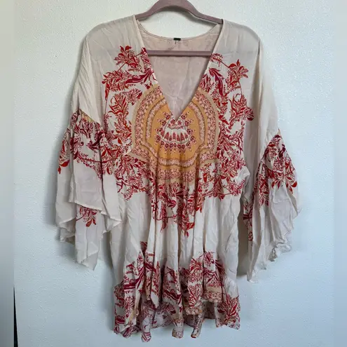 Free People Sunset Dreams Boho Ruffle Tunic Top Shirt Size Small Red