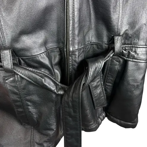PELLE Black Genuine Leather Hooded Belted Faux Fur Lined Full Zip Jacket Size L Size L
