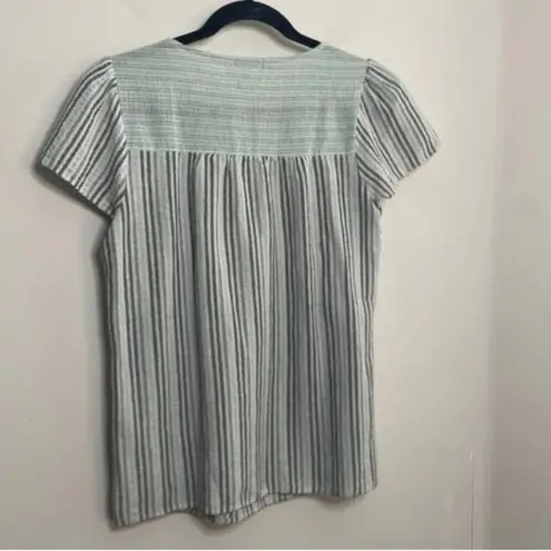 Ava James Mint and Grey Striped Cap Sleeve Babydoll Blouse Top Career Office Blue