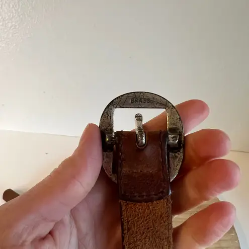 1995 Brown Distressed Genuine Leather Silver Solid Brass Buckle Belt Size Large