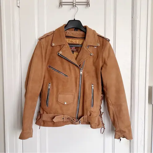 All State • brown leather motorcycle jacket insulated lined moto Indian logo Tan Size L