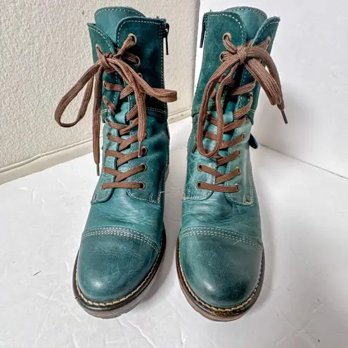 Taos Crave Boots Teal Leather Lace Up Combat Moto Size 6 6.5 EU 37 Green