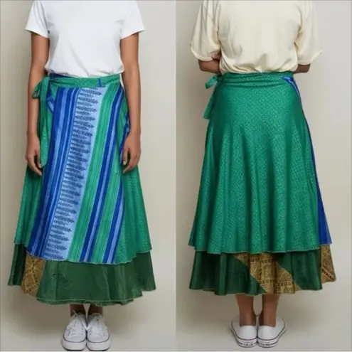 Hand Crafted India Mexicali Reversible Silk Sari Yellow Blue Pattern Wrap Skirt Size L
