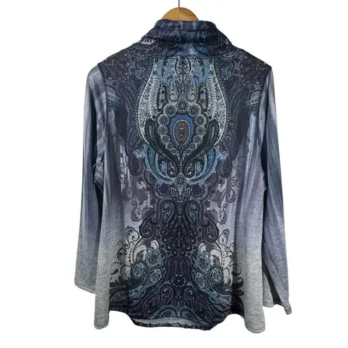 World Unity Pullover Sweater Women 2X Blue Gray Bling Mandala Kangaroo Pocket