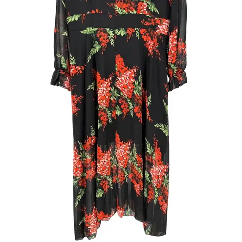 Black Red Floral Tie Bow Neck Maxi Long Dress Sheer Long Sleeve size 14 NWT