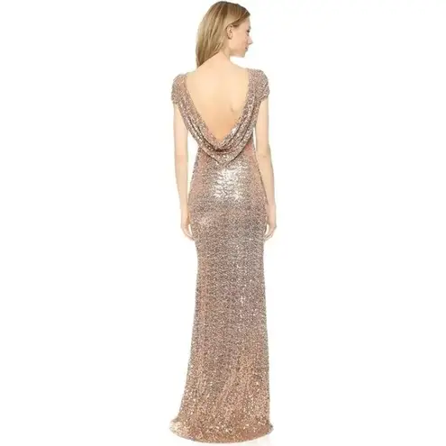 Badgley Mischka Size 2 Gold Sequin Cowl Back Gown
