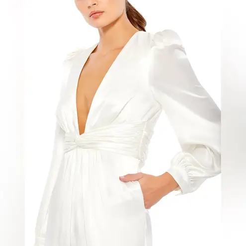 Mac Duggal Ieena for Long Sleeve Ruched Plunging Neck Satin Jumpsuit