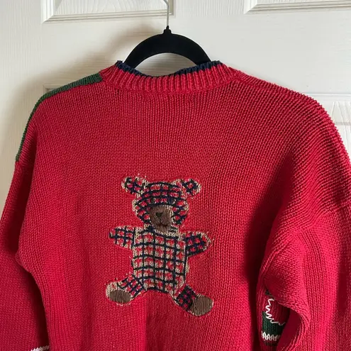 ID Distinction teddy bear and holiday motifs cardigan size small vintage 80’ Red