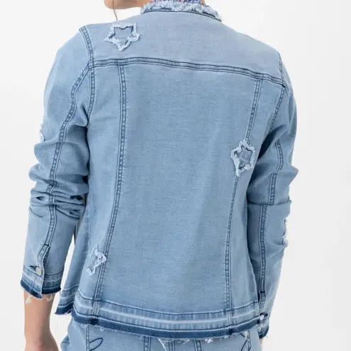 Renuar Distressed Star Accented Collarless Denim Jacket