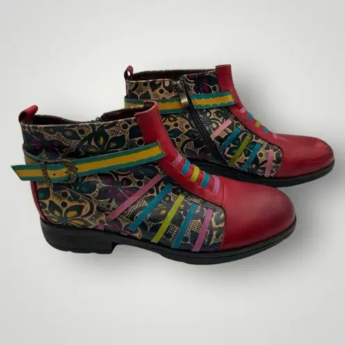 Socofy Womens Size 39 US 8 Artsy Leather Ankle Boots Multicolor Boho Chic Hippie Red