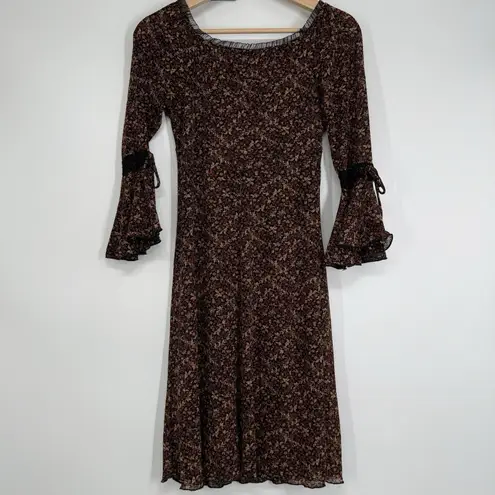 City Triangles Vintage  Bell Sleeve Midi Dress M Brown Mesh Ditzy Floral Phoebe