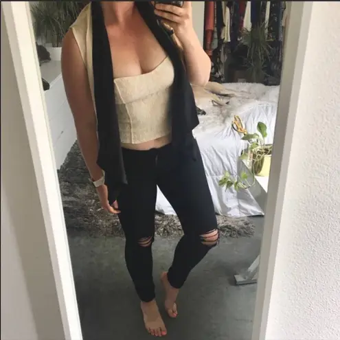 Haute Hippie Cream Black Silk Tank Vest Top Draped VNeck Button Blouse Medium