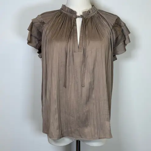 Evereve New! ‘Lydia’ Flutter Silky Satin Blouse In Taupe Women’s Size Medium