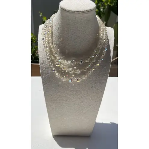 Vintage 3 Strand AB Aurora Borealis Crystal Faceted Beads Style Necklace 15.5” White