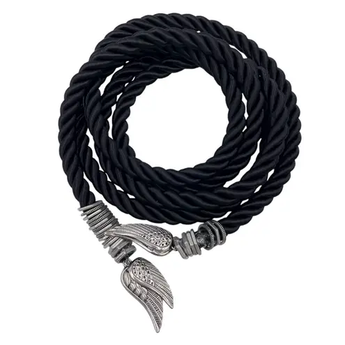 Vintage Black Rope Belt Silver Angel Wing Charm Tassels 69" Fairy Grunge Gothic