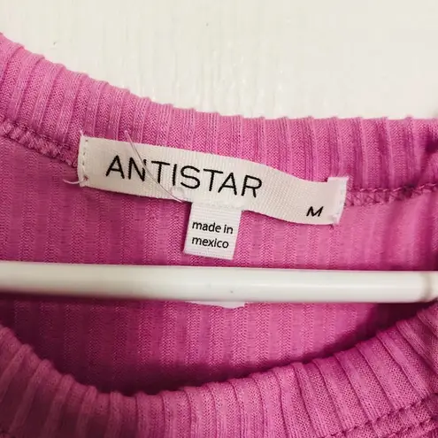 Antistar Women's Midi Dress Sleeveless Ruched Side Ribbed Crew Neck Pink Medium