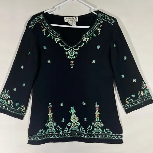 Joseph A EMBROIDERY SEQUIN WOMEN TOP STRECH 3/4 SLEEVE XL BLACK TEAL PREOWN A56