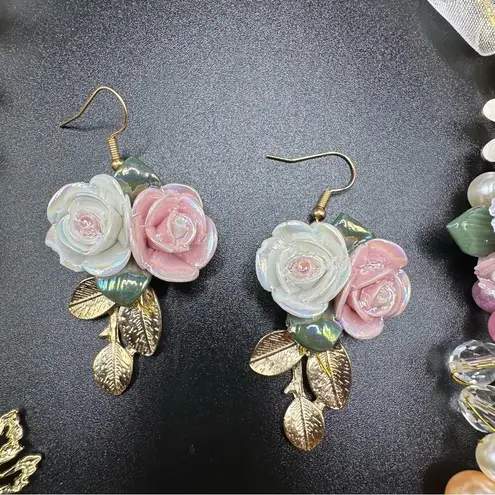 Gold Pink and White Pearl Floral wreath ethereal ribbon headband tiara set