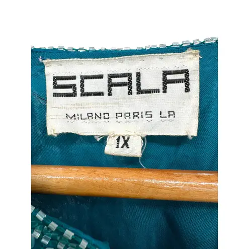 Scala Vtg 100% Silk Sequin Beaded Floral Top Teal Turquoise Blouse 1X Party