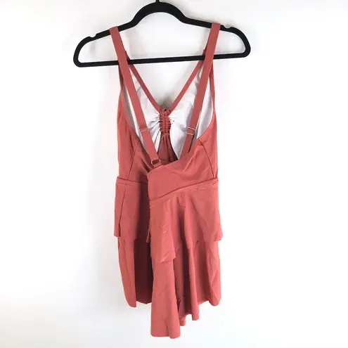 Bloomchic Drawstring Crisscross Back Ruffle Tiered Tankini Top Russet Pink 18-20