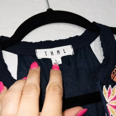 THML Navy Blue Embroidered Tassel Shift Dress Size Large