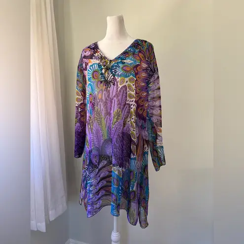 Zury Sheer Multicolored Peacock Print Sequined V