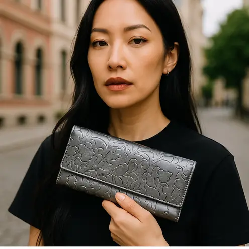 Patricia Nash Silver Embossed Leather Tri-Fold Wallet with Card Slots