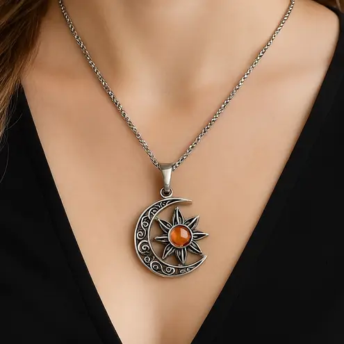Silver Crescent Moon & Sun Amber Pendant Necklace